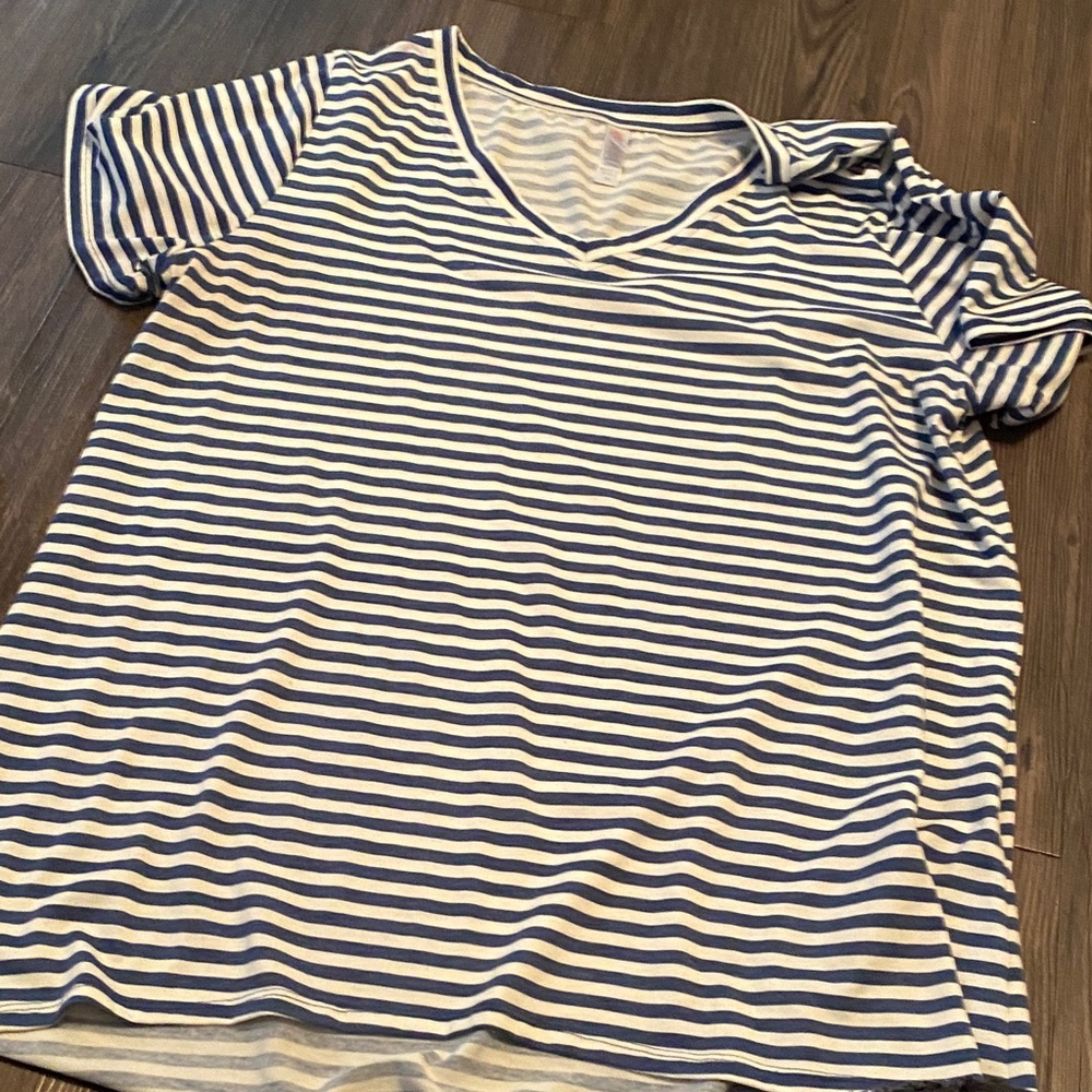 LuLaRoe Blue and White Striped V-Neck Tee